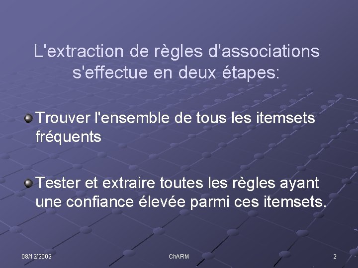 L'extraction de règles d'associations s'effectue en deux étapes: Trouver l'ensemble de tous les itemsets