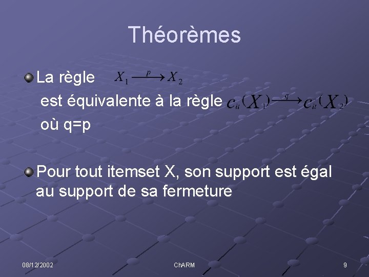 Théorèmes La règle est équivalente à la règle où q=p Pour tout itemset X,