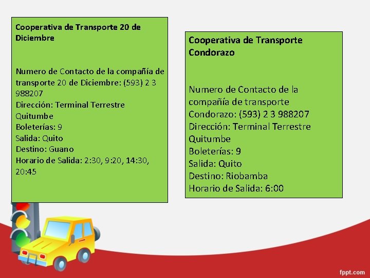 Cooperativa de Transporte 20 de Diciembre Numero de Contacto de la compañía de transporte