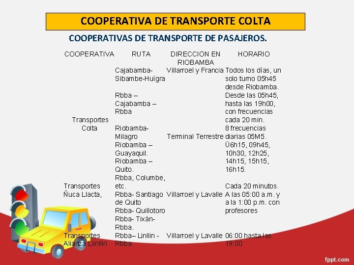 COOPERATIVA DE TRANSPORTE COLTA COOPERATIVAS DE TRANSPORTE DE PASAJEROS. COOPERATIVA RUTA DIRECCION EN HORARIO