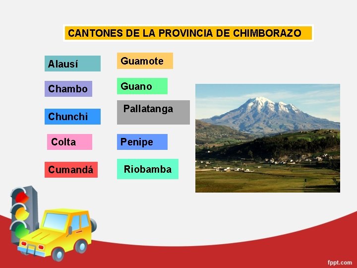 CANTONES DE LA PROVINCIA DE CHIMBORAZO Alausí Guamote Chambo Guano Chunchi Colta Cumandá Pallatanga