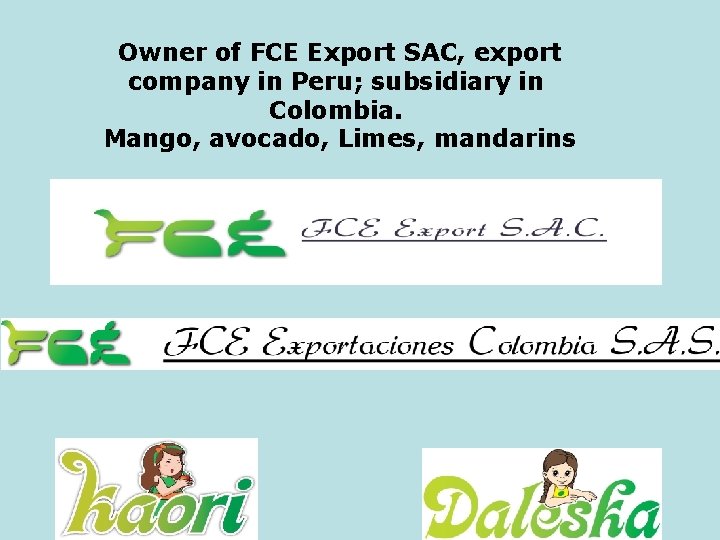  Owner of FCE Export SAC, export company in Peru; subsidiary in Colombia. Mango,