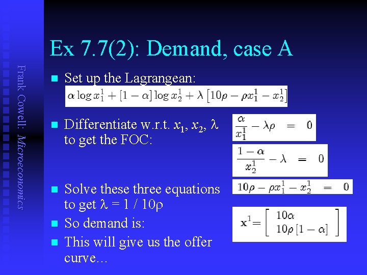 Ex 7. 7(2): Demand, case A Frank Cowell: Microeconomics n Set up the Lagrangean: