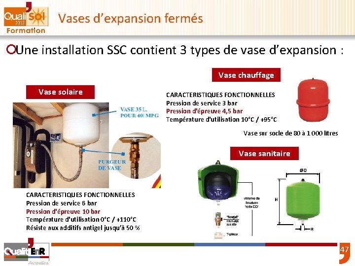 Vases d’expansion fermés ¡ Une installation SSC contient 3 types de vase d’expansion :