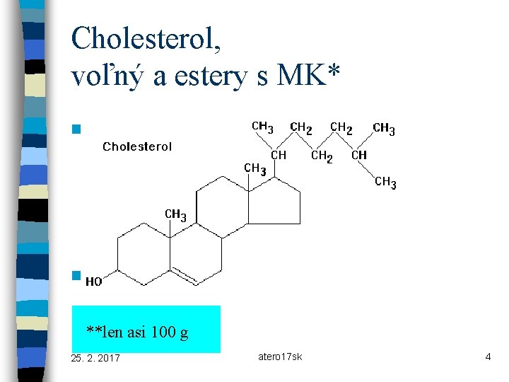 Cholesterol, voľný a estery s MK* n 275** mmol v celom tele – 50