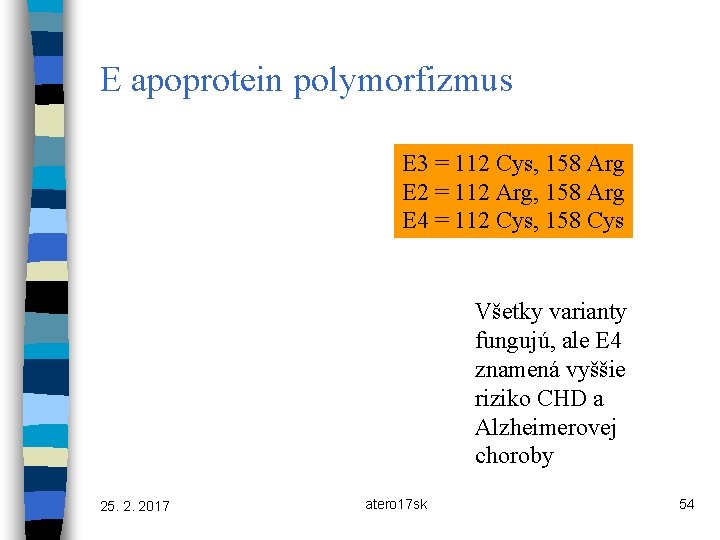 E apoprotein polymorfizmus E 3 = 112 Cys, 158 Arg E 2 = 112