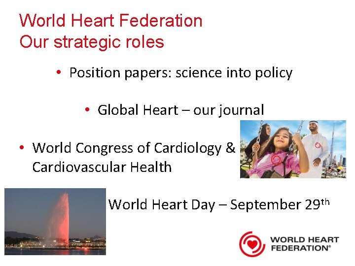 World Heart Federation Our strategic roles • Position papers: science into policy • Global