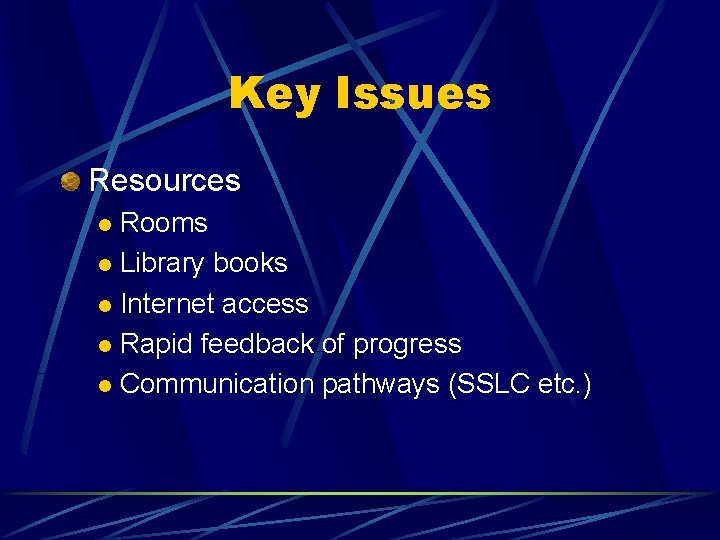 Key Issues Resources Rooms l Library books l Internet access l Rapid feedback of
