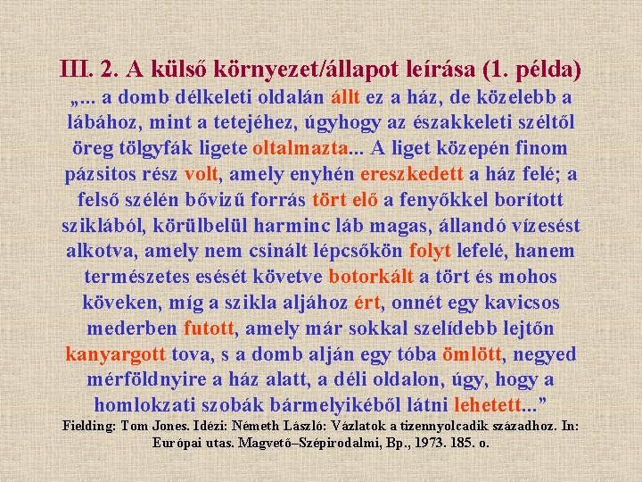 III. 2. A külső környezet/állapot leírása (1. példa) „. . . a domb délkeleti