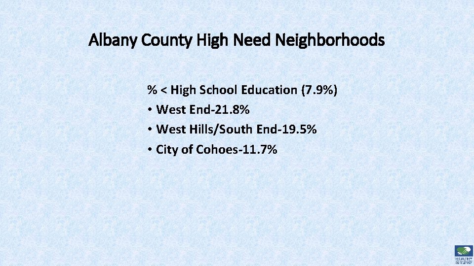 Albany County High Need Neighborhoods % < High School Education (7. 9%) • West