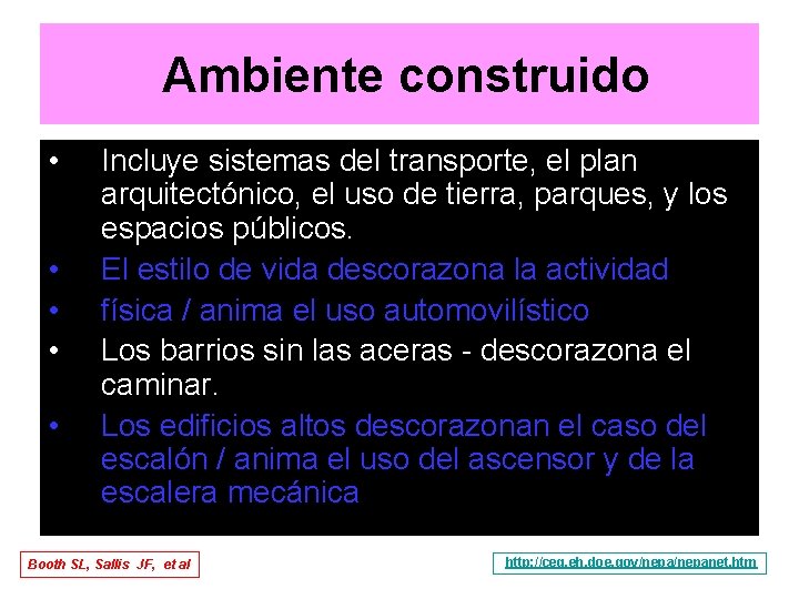 Ambiente construido • • • Incluye sistemas del transporte, el plan arquitectónico, el uso