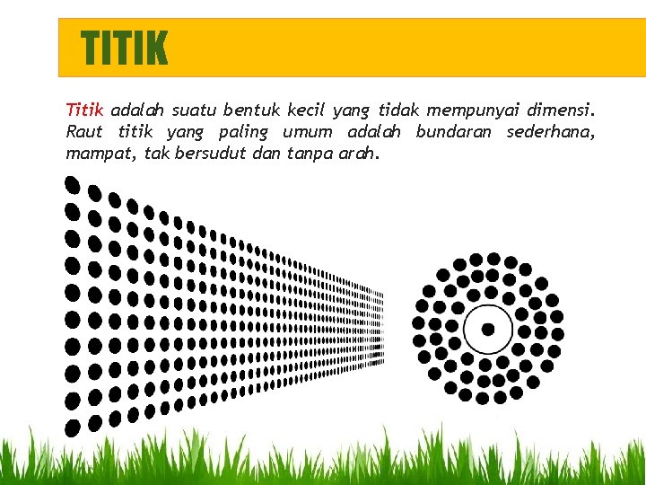 TITIK Titik adalah suatu bentuk kecil yang tidak mempunyai dimensi. Raut titik yang paling