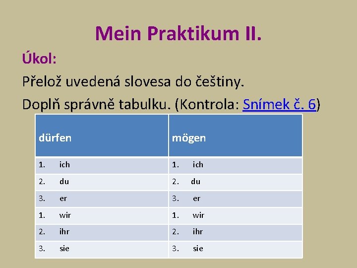 Mein Praktikum II. Úkol: Přelož uvedená slovesa do češtiny. Doplň správně tabulku. (Kontrola: Snímek