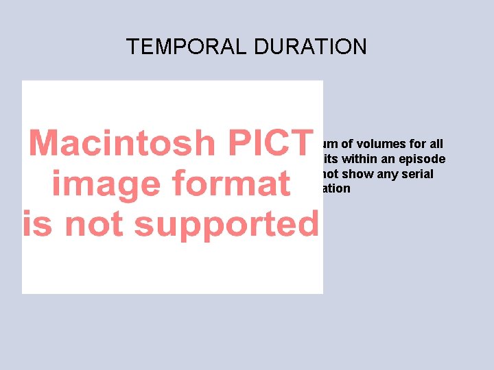 TEMPORAL DURATION The sum of volumes for all subunits within an episode does not