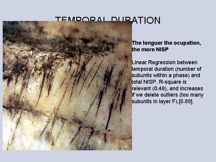 TEMPORAL DURATION The longuer the ocupation, the more NISP Linear Regression between temporal duration