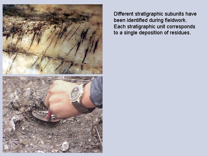 Different stratigraphic subunits have been identified during fieldwork. Each stratigraphic unit corresponds to a