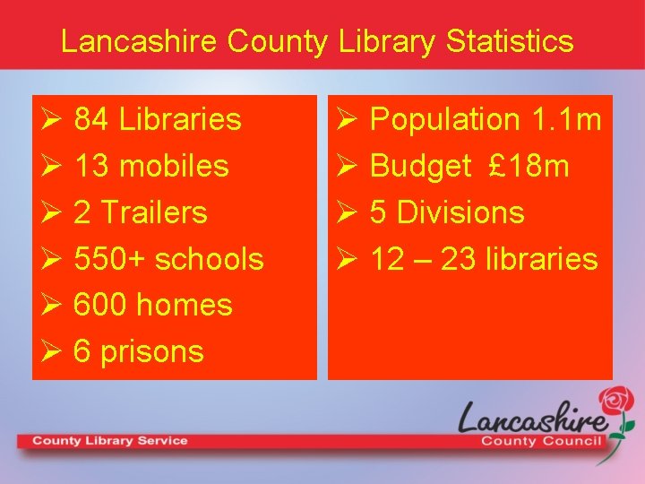 Lancashire County Library Statistics Ø 84 Libraries Ø 13 mobiles Ø 2 Trailers Ø