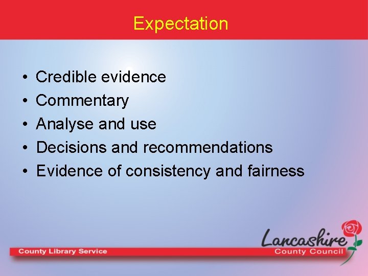 Expectation • • • Credible evidence Commentary Analyse and use Decisions and recommendations Evidence