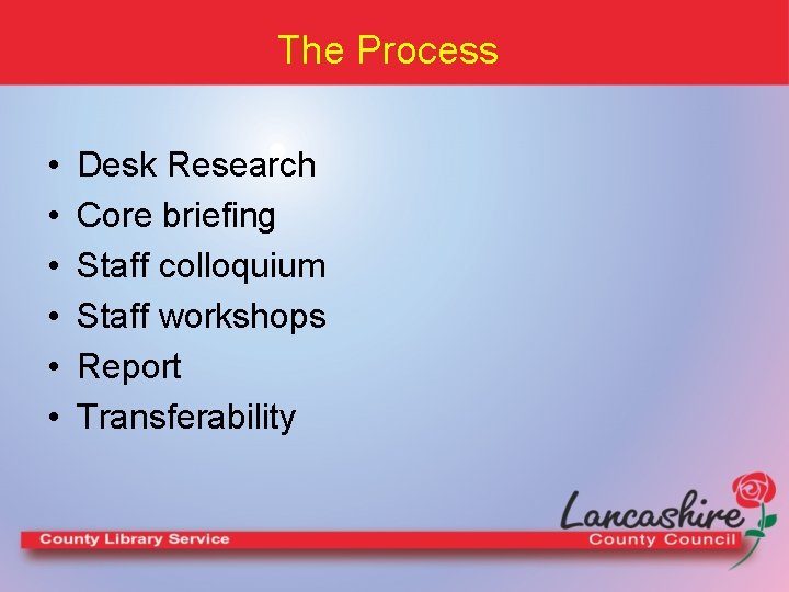 The Process • • • Desk Research Core briefing Staff colloquium Staff workshops Report