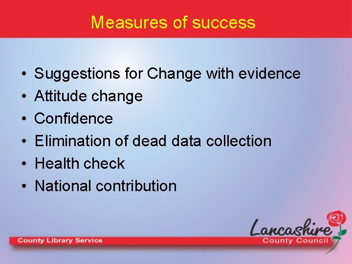 Measures of success • • • Suggestions for Change with evidence Attitude change Confidence