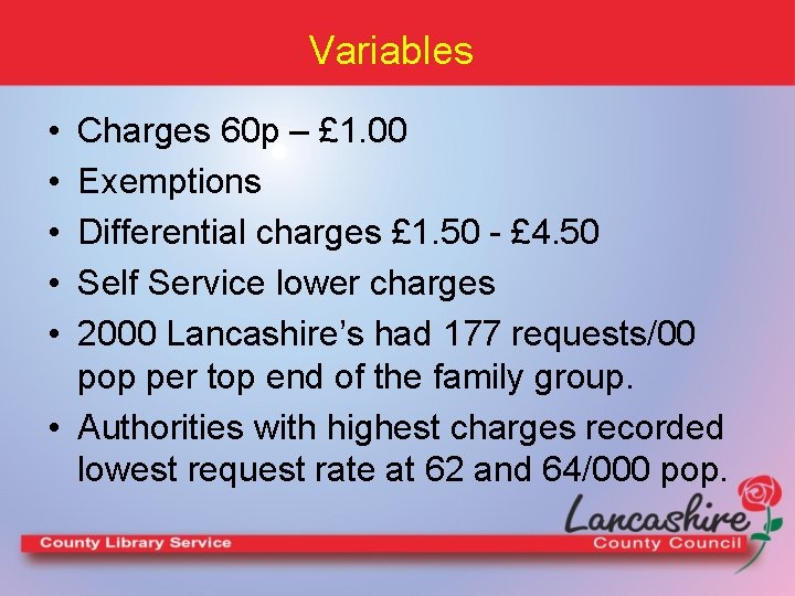 Variables • • • Charges 60 p – £ 1. 00 Exemptions Differential charges