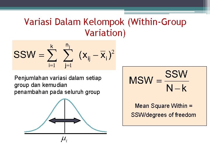 Variasi Dalam Kelompok (Within-Group Variation) Penjumlahan variasi dalam setiap group dan kemudian penambahan pada