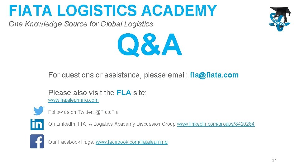 FIATA LOGISTICS ACADEMY One Knowledge Source for Global Logistics Q&A For questions or assistance,