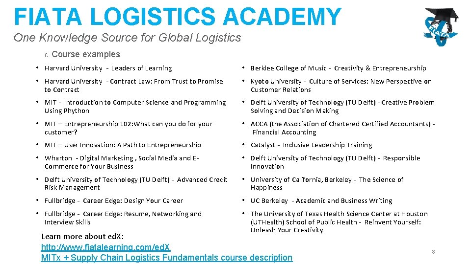 FIATA LOGISTICS ACADEMY One Knowledge Source for Global Logistics c. Course examples • Harvard