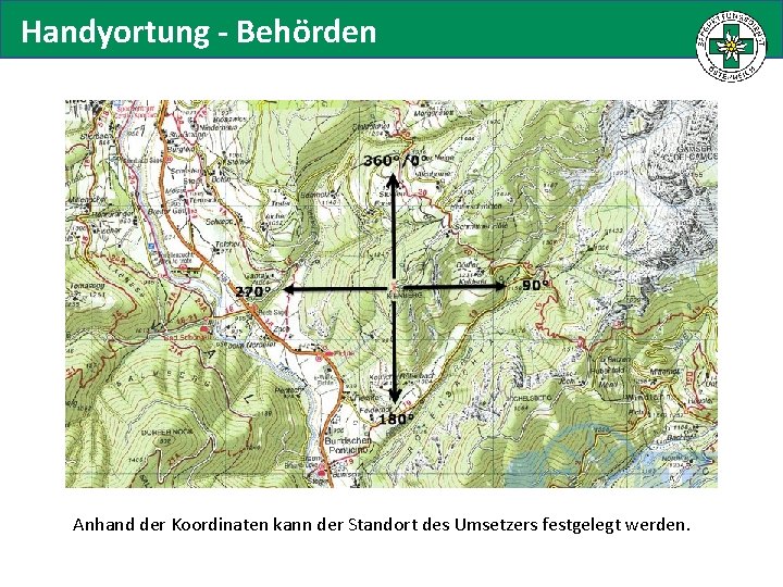 Handyortung - Behörden Anhand der Koordinaten kann der Standort des Umsetzers festgelegt werden. 