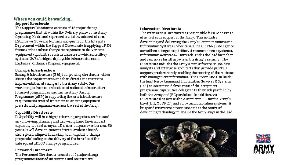 Where you could be working… Support Directorate The Support Directorate consists of 18 major