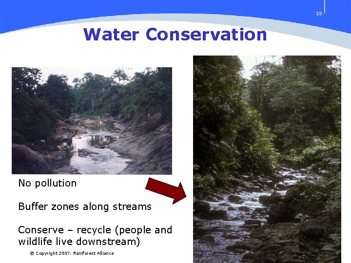 18 Water Conservation No pollution Buffer zones along streams Conserve – recycle (people and