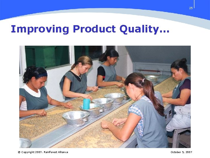 25 Improving Product Quality… © Copyright 2007. Rainforest Alliance October 5, 2007 