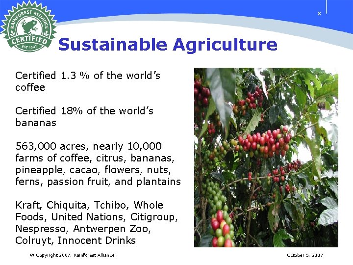 8 Sustainable Agriculture Certified 1. 3 % of the world’s coffee Certified 18% of