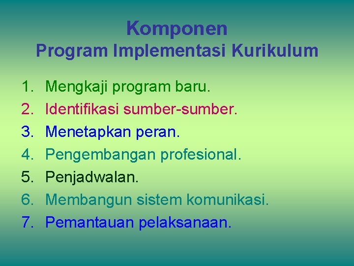 Komponen Program Implementasi Kurikulum 1. 2. 3. 4. 5. 6. 7. Mengkaji program baru.