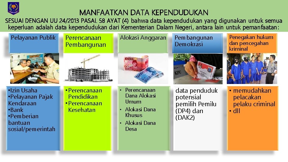 MANFAATKAN DATA KEPENDUDUKAN SESUAI DENGAN UU 24/2013 PASAL 58 AYAT (4) bahwa data kependudukan