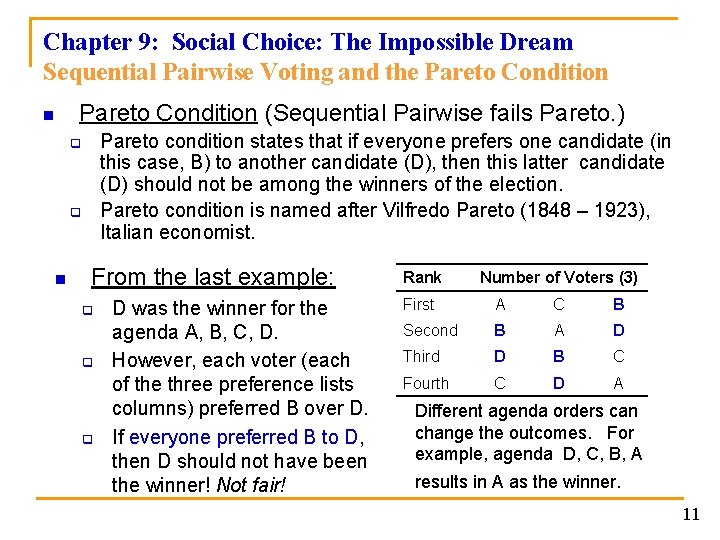 Chapter 9: Social Choice: The Impossible Dream Sequential Pairwise Voting and the Pareto Condition