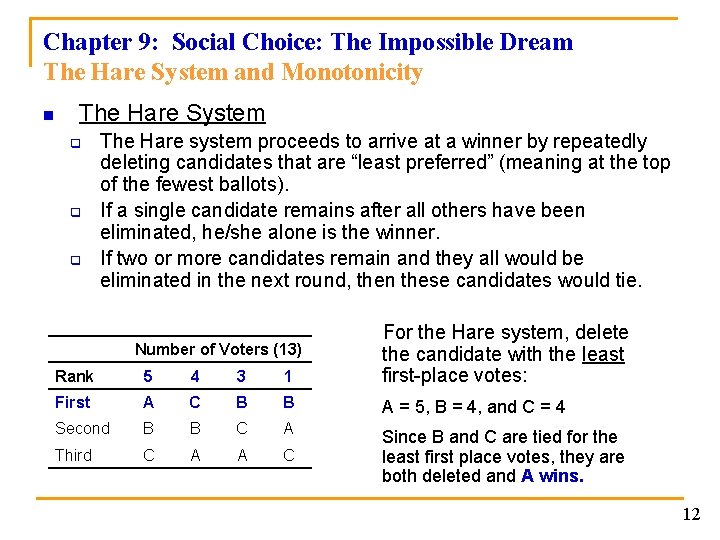 Chapter 9: Social Choice: The Impossible Dream The Hare System and Monotonicity n The