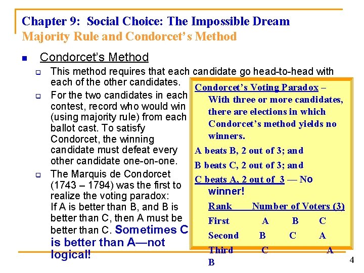 Chapter 9: Social Choice: The Impossible Dream Majority Rule and Condorcet’s Method n Condorcet’s