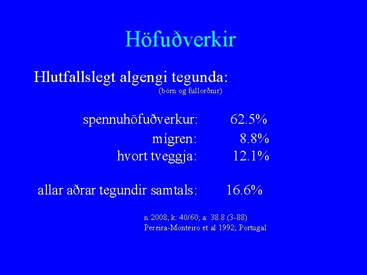 Höfuðverkir Hlutfallslegt algengi tegunda: (börn og fullorðnir) spennuhöfuðverkur: mígren: hvort tveggja: allar aðrar tegundir