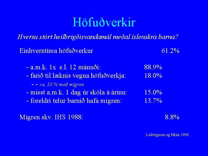 Höfuðverkir Hversu stórt heilbrigðisvandamál meðal íslenskra barna? Einhverntíma höfuðverkur - a. m. k. 1