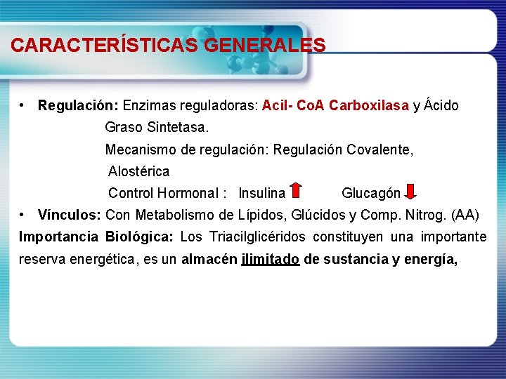 CARACTERÍSTICAS GENERALES • Regulación: Enzimas reguladoras: Acil- Co. A Carboxilasa y Ácido Graso Sintetasa.