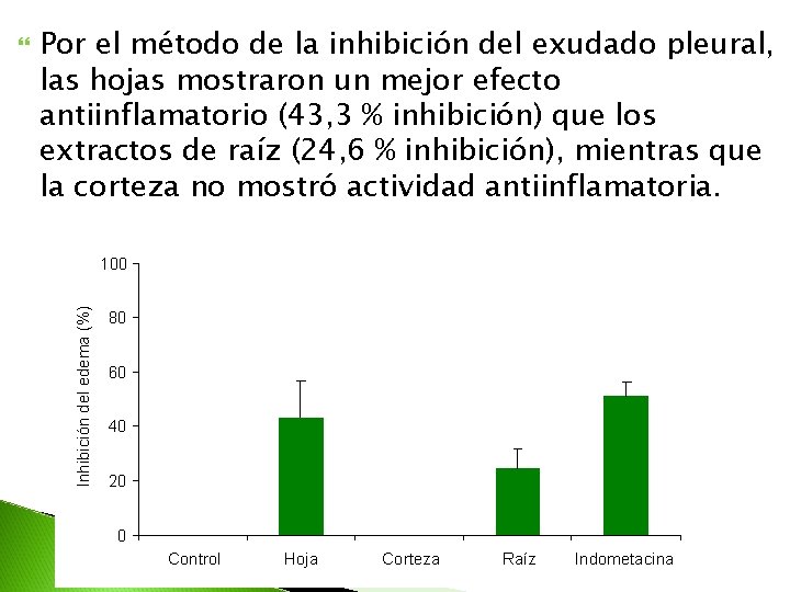 Por el método de la inhibición del exudado pleural, las hojas mostraron un mejor Por el método de la inhibición del exudado pleural, las hojas mostraron un mejor