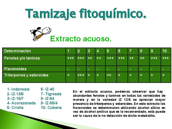 Tamizaje fitoquímico. Extracto acuoso. Determinación 1 Fenoles y/o taninos 4 5 6 7 8 Tamizaje fitoquímico. Extracto acuoso. Determinación 1 Fenoles y/o taninos 4 5 6 7 8