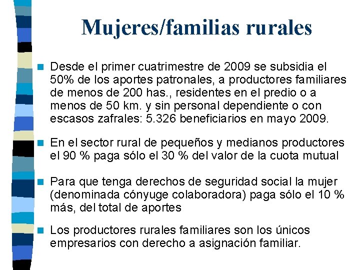 Mujeres/familias rurales n Desde el primer cuatrimestre de 2009 se subsidia el 50% de