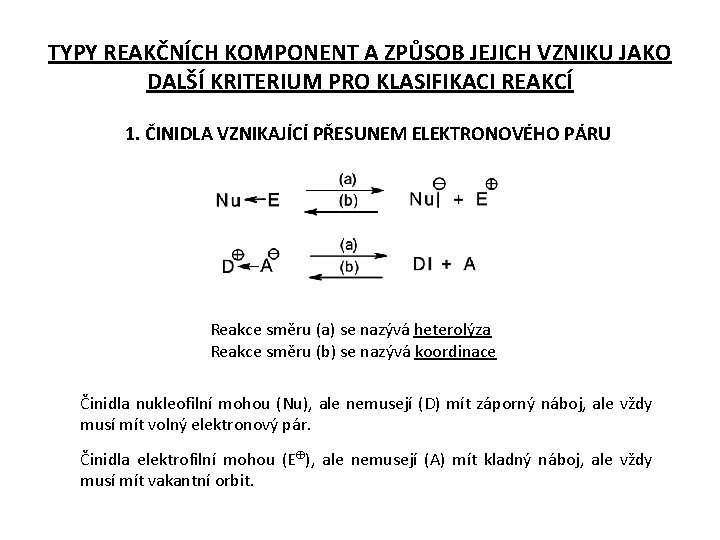 TYPY REAKČNÍCH KOMPONENT A ZPŮSOB JEJICH VZNIKU JAKO DALŠÍ KRITERIUM PRO KLASIFIKACI REAKCÍ 1.