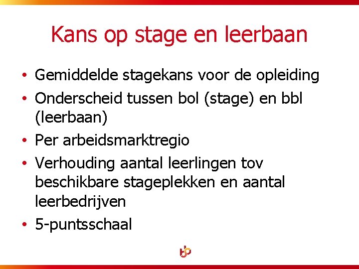 Kans op stage en leerbaan • Gemiddelde stagekans voor de opleiding • Onderscheid tussen