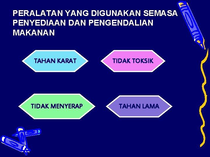 PERALATAN YANG DIGUNAKAN SEMASA PENYEDIAAN DAN PENGENDALIAN MAKANAN TAHAN KARAT TIDAK MENYERAP TIDAK TOKSIK