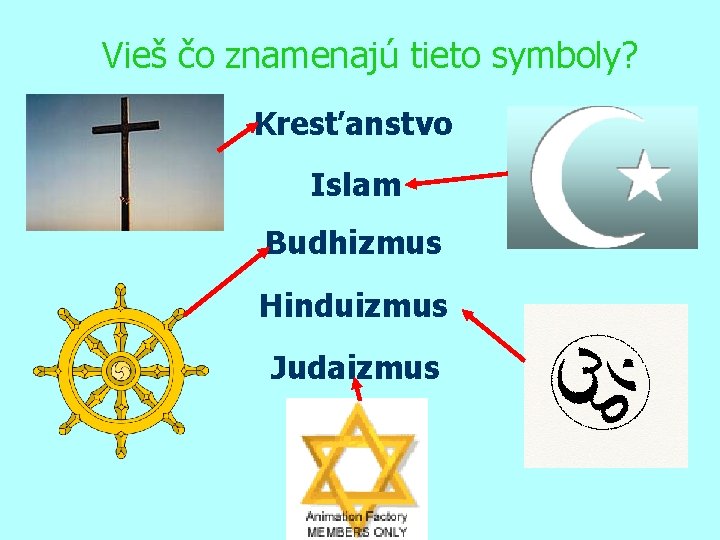 Vieš čo znamenajú tieto symboly? Kresťanstvo Islam Budhizmus Hinduizmus Judaizmus 