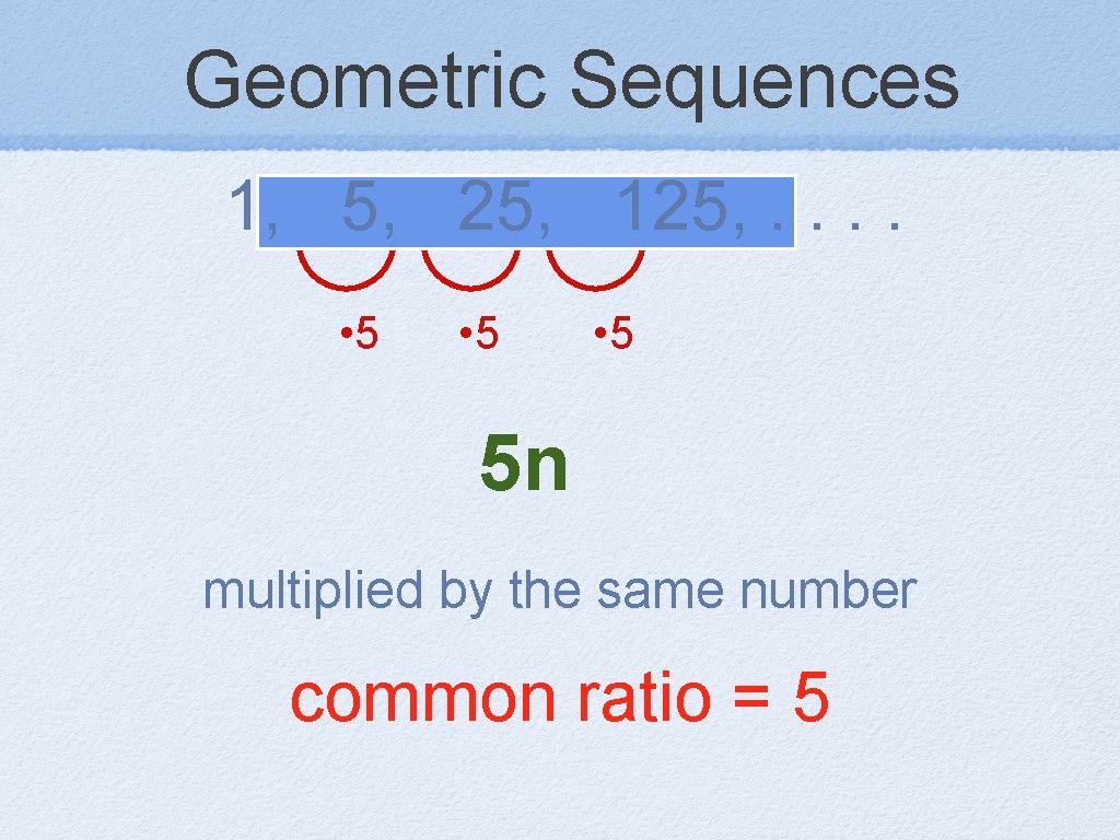 Geometric Sequences 1, 5, 25, 125, . . • 5 5 n multiplied by