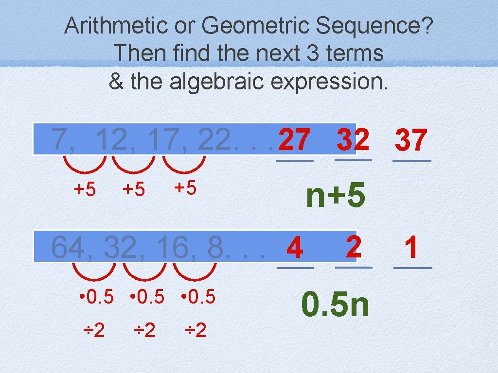 Arithmetic or Geometric Sequence? Then find the next 3 terms & the algebraic expression.